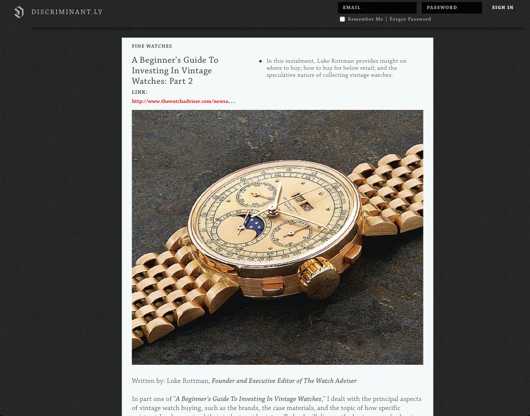 A note on the original discriminant.ly, 2016: an article on collecting vintage watches, with its photograph and link