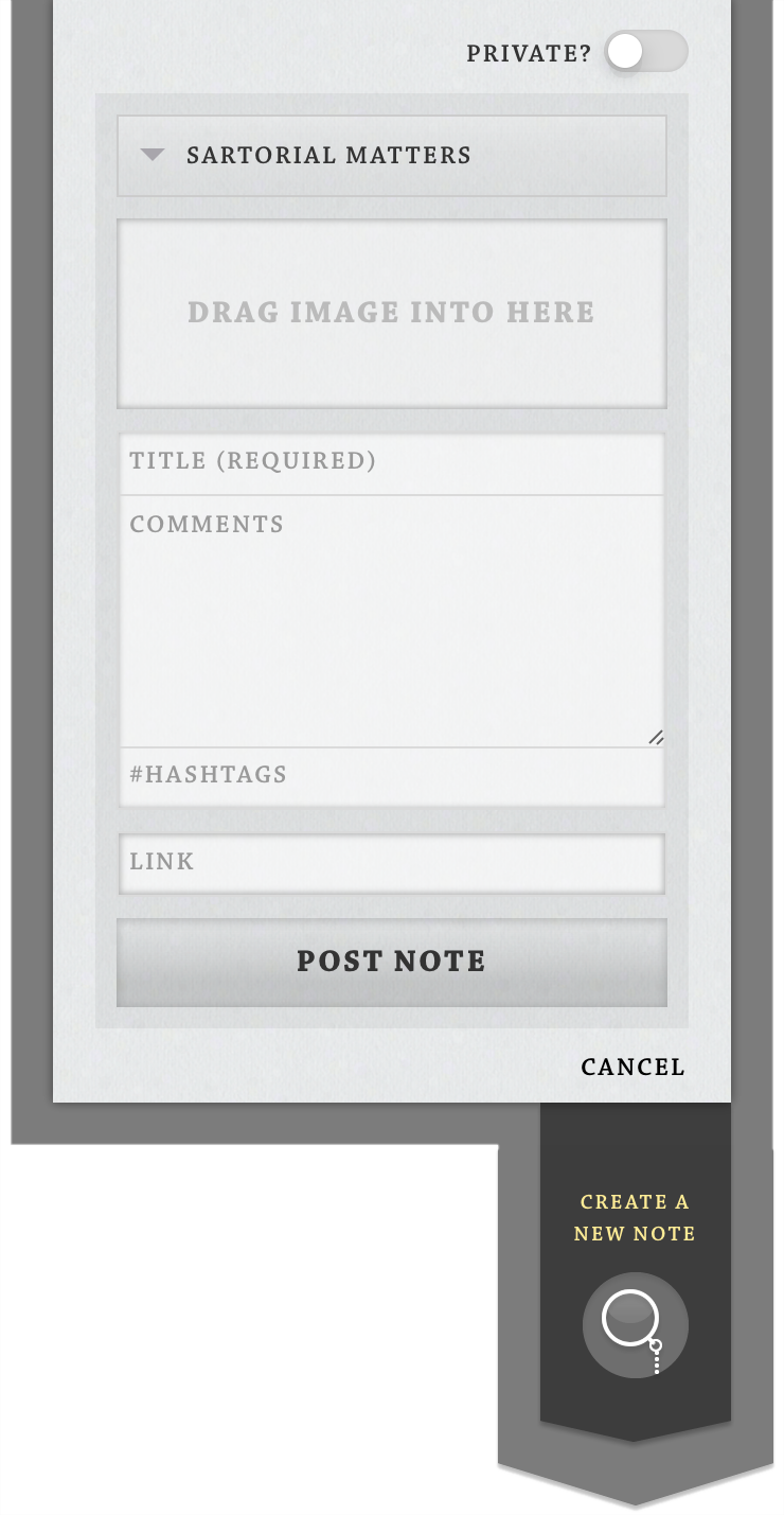 Posting a note on the original discriminant.ly, 2016: a collection, a dropped image, title, comments, hashtags and link, and the Post note button, with the Create a new note tab below