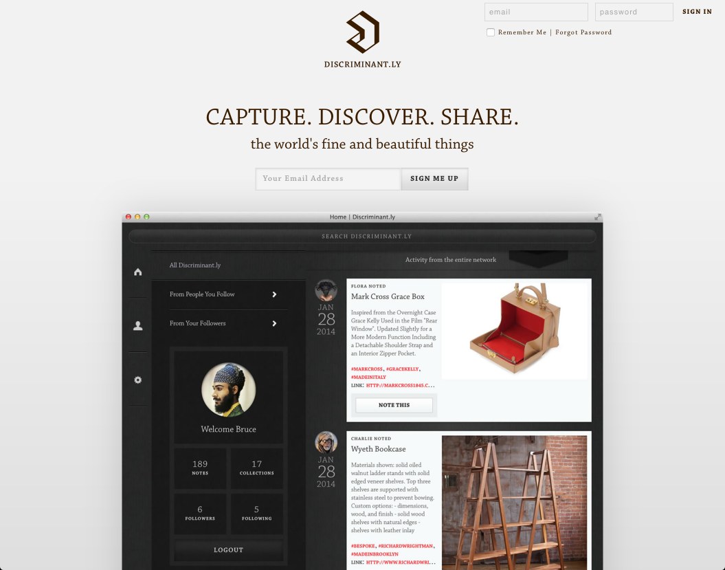The original discriminant.ly welcome page, 2016: “Capture. Discover. Share. the world’s fine and beautiful things”, above the activity feed