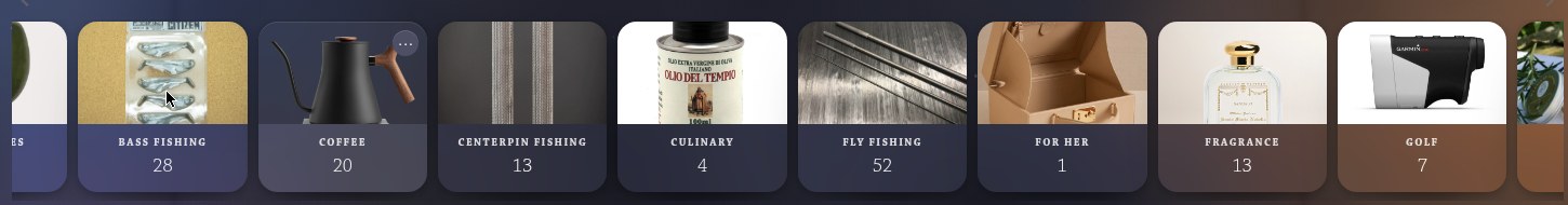 A row of collections, each with its count: bass fishing, coffee, culinary, fly fishing, fragrance, golf