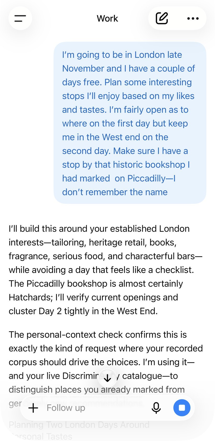 Asking an AI assistant to plan a trip from what is saved in Discriminantly, on a phone