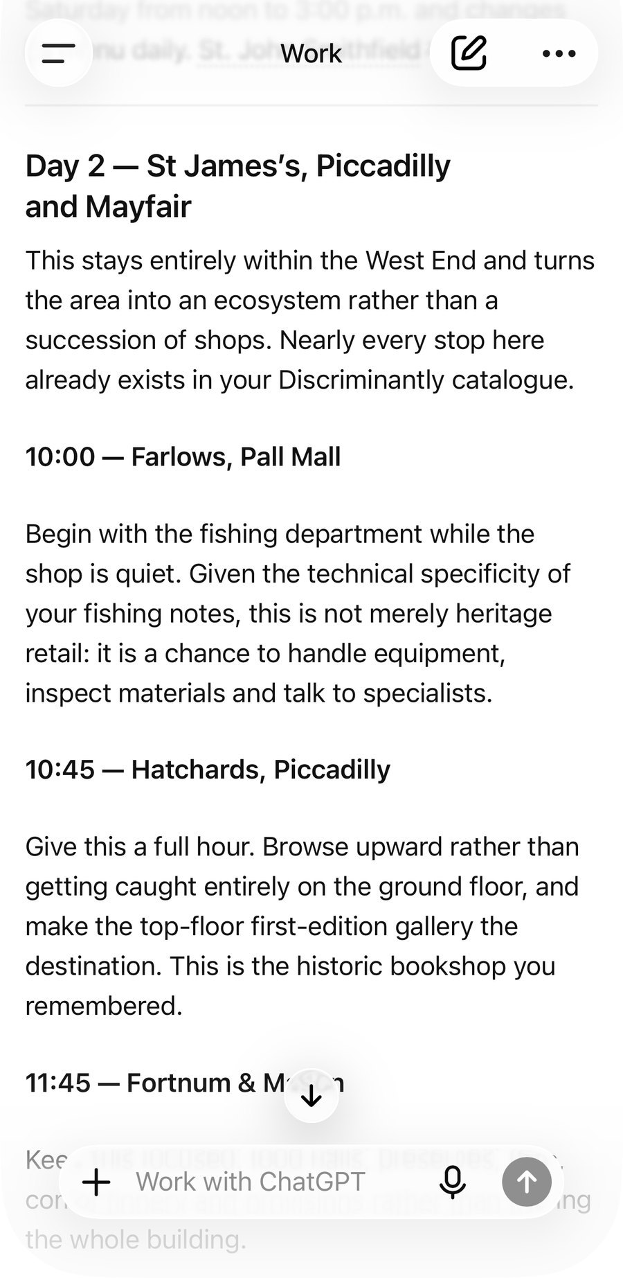A two-day London plan written in a ChatGPT conversation using Discriminantly: Day 2, St James’s, Piccadilly and Mayfair, with timed stops