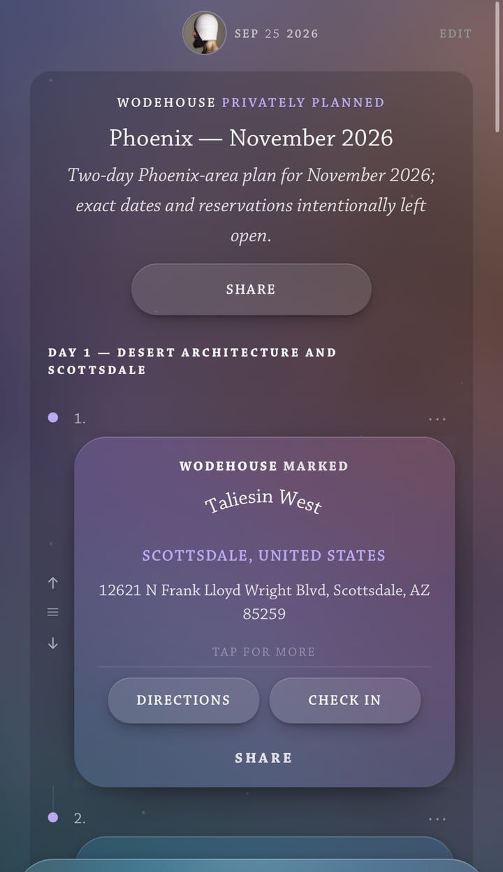 A privately planned two-day Phoenix itinerary in Discriminantly on a phone, with a day heading, the first stop Taliesin West, and Directions, Check in and Share buttons