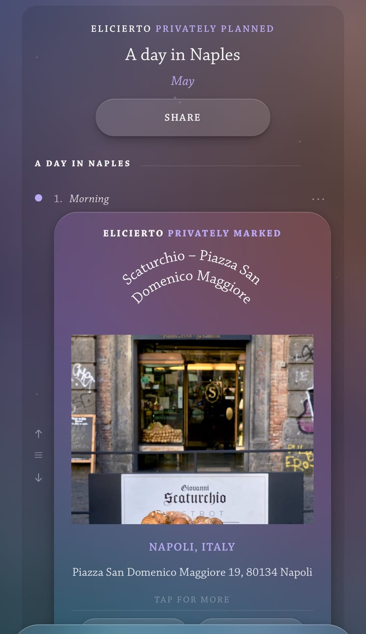 A privately planned itinerary in Discriminantly on a phone: a day plan in an Italian city, its first morning stop a privately marked pasticceria, shown as a card with photo and address