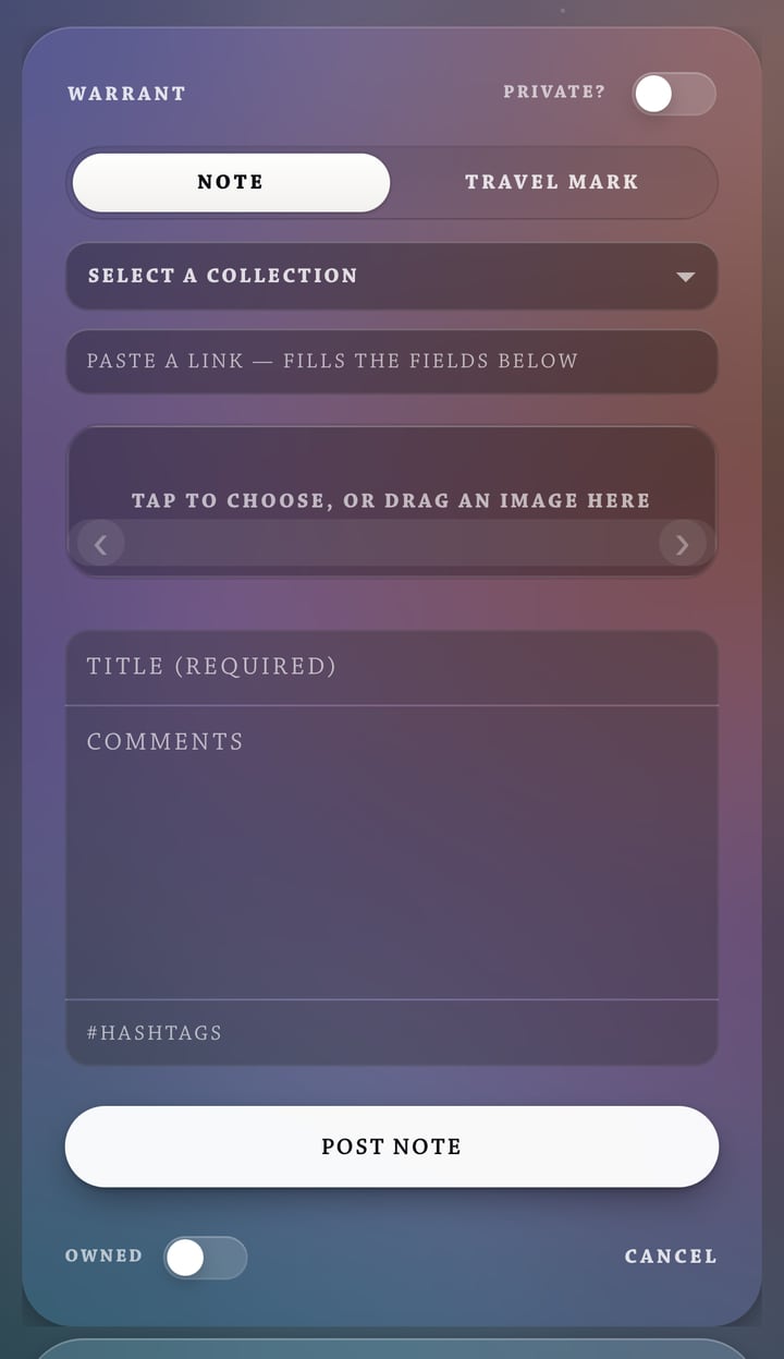 The form for a new note in Discriminantly: collection, a link to paste, an image, title, comments, hashtags, and the Private and Owned switches
