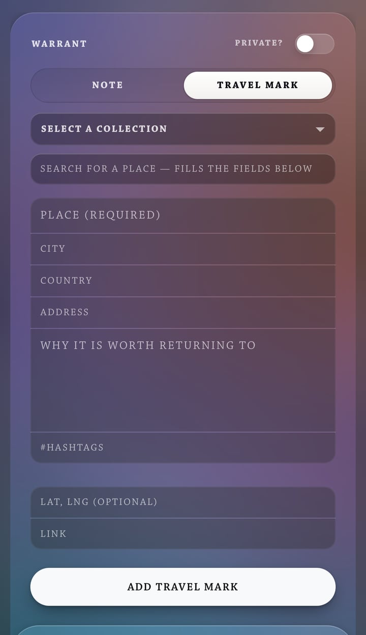 The form for a new travel mark in Discriminantly: search for a place, then place, city, country, address, why it is worth returning to, hashtags, coordinates and a link