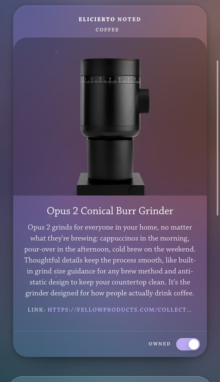 A public note in Discriminantly on a phone: a coffee grinder, the member’s reason for saving it, a link, and the Owned switch turned on