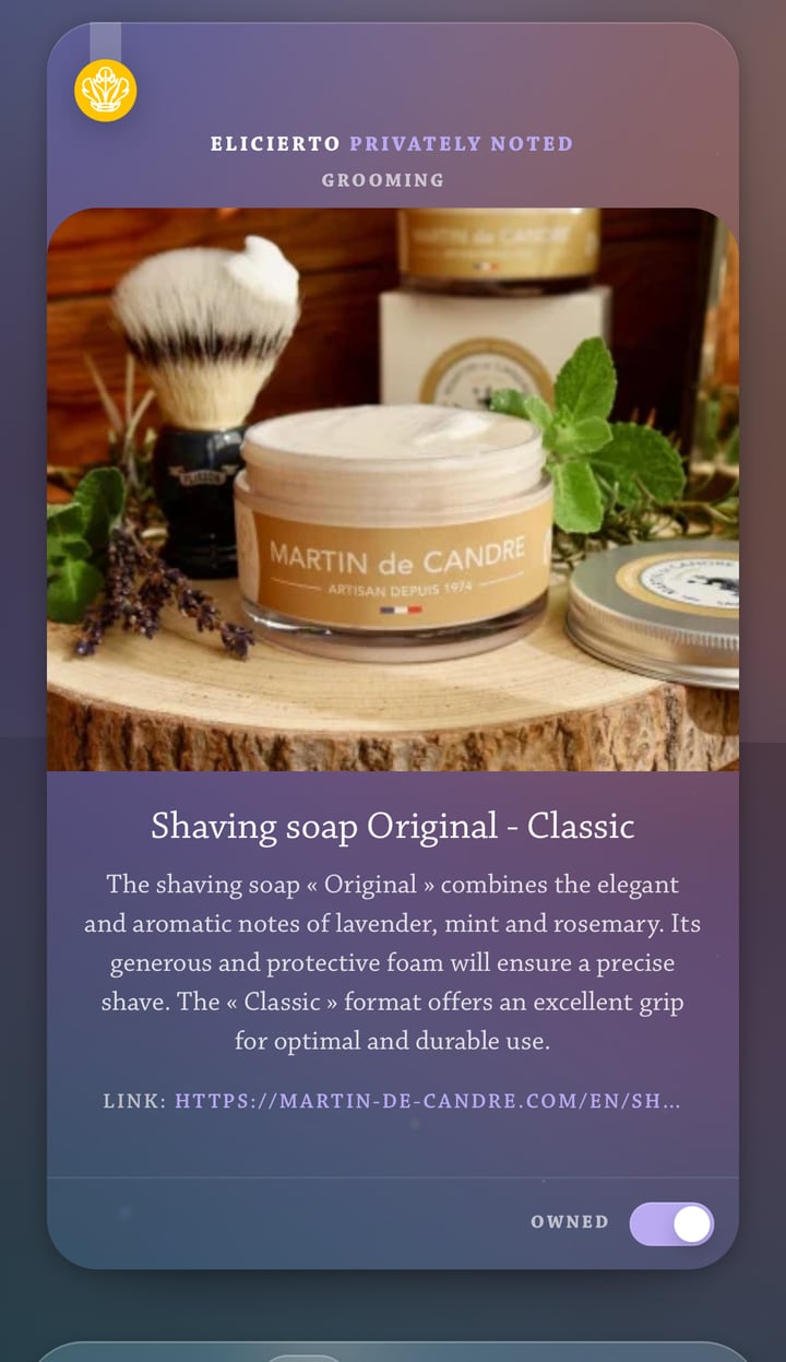 A privately noted shaving soap in Discriminantly on a phone, with a warrant seal in the corner and the Owned switch turned on
