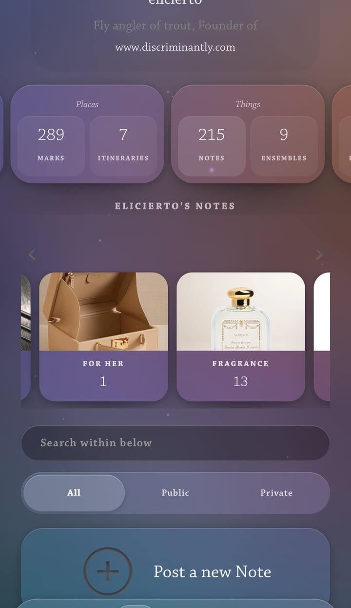 A member profile in Discriminantly on a phone: counts of marks, itineraries, notes and ensembles, then the member’s collections as tiles with a cover image and a count