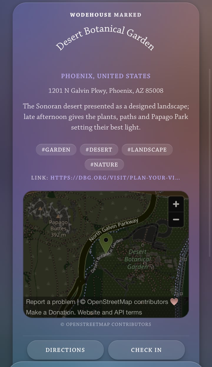 A public travel mark for a botanical garden in Phoenix in Discriminantly on a phone, with its map, and Directions and Check in buttons