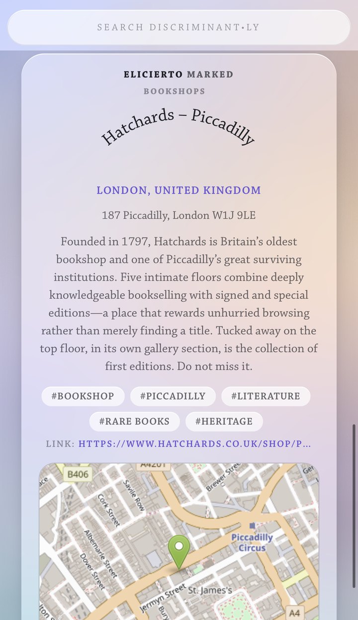 A travel mark for Hatchards bookshop on Piccadilly, London, in Discriminantly on a phone: city, address, the member’s note on why, hashtags, a link and a map