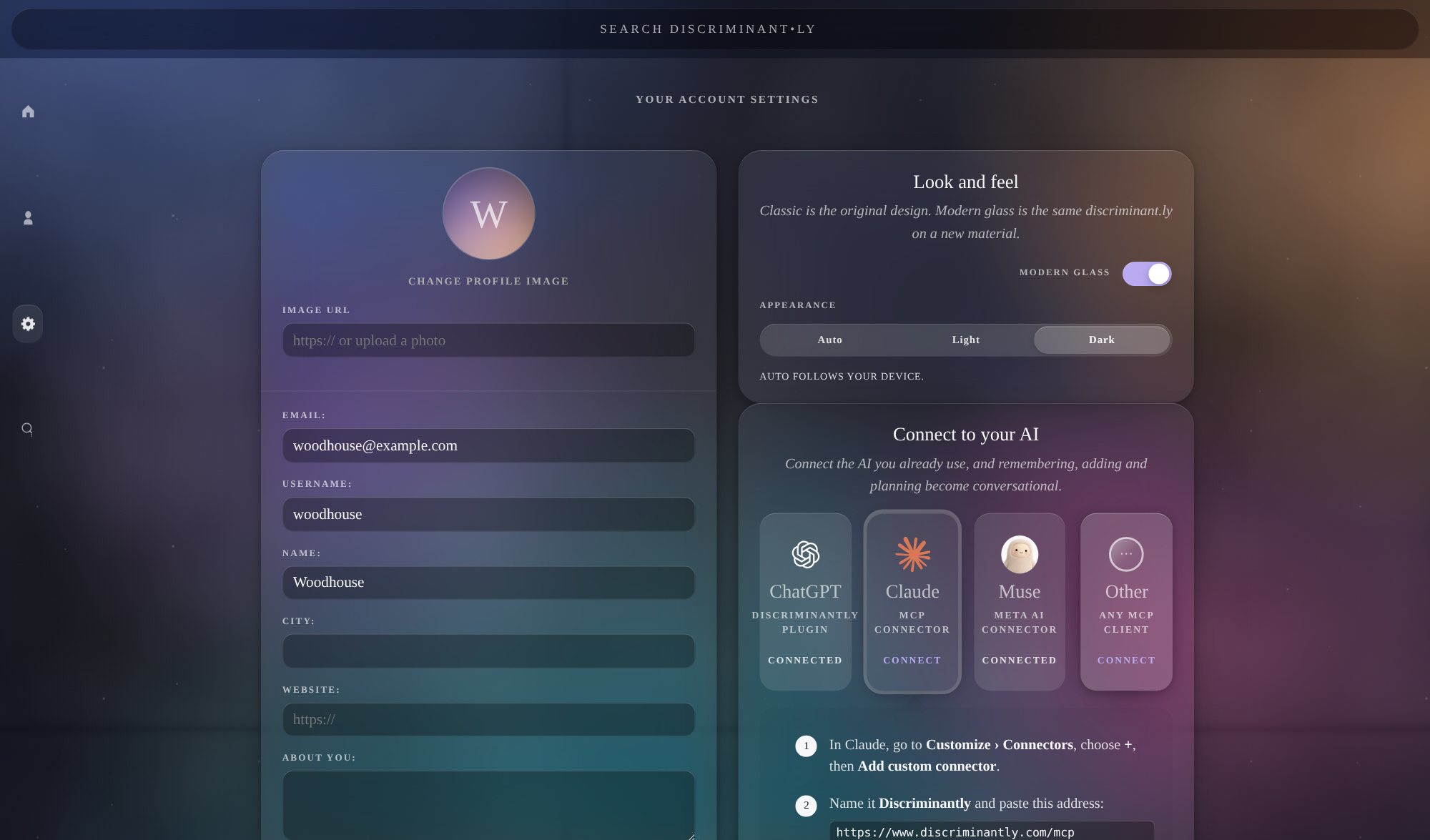 Settings in Discriminantly on the desktop: profile, Look and feel, and Connect to your AI with ChatGPT and Muse connected and the steps for Claude open