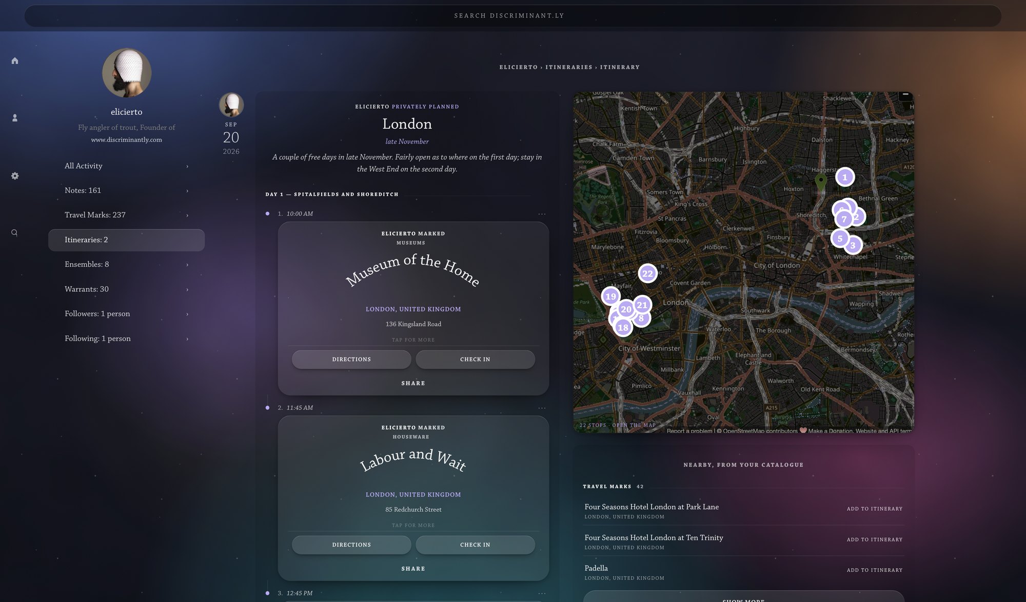 An itinerary in Discriminantly, with its map and nearby travel marks